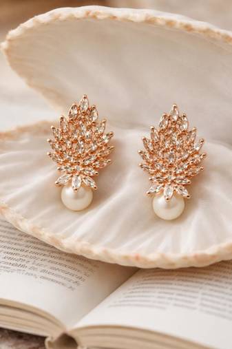 Rose gold crystal cluster earrings with pearl drop, marquise cut stones, stud style