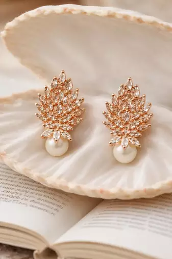 Rose gold crystal cluster earrings with pearl drop, marquise cut stones, stud style