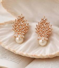Rose gold crystal cluster earrings with pearl drop, marquise cut stones, stud style