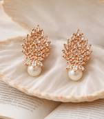 Rose gold crystal cluster earrings with pearl drop, marquise cut stones, stud style