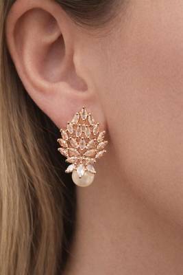 Rose gold crystal cluster earrings with pearl drop, marquise cut stones, stud style 2