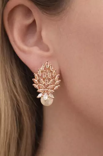 Rose gold crystal cluster earrings with pearl drop, marquise cut stones, stud style