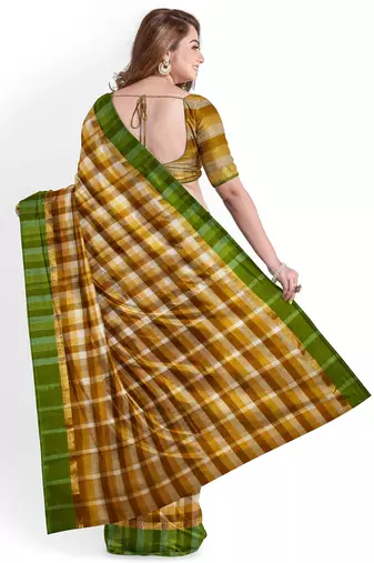 Mustard checked cotton blend saree with green border