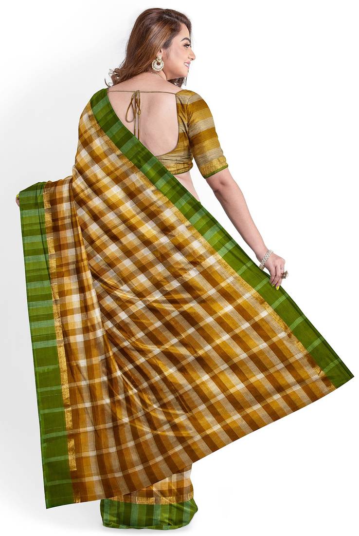 Mustard checked cotton blend saree with green border