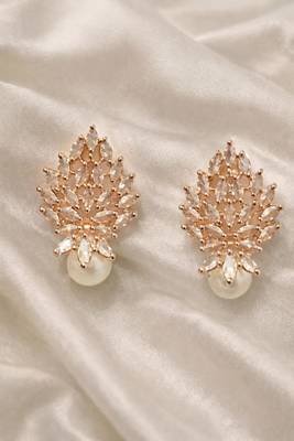 Rose gold crystal cluster earrings with pearl drop, marquise cut stones, stud style 3