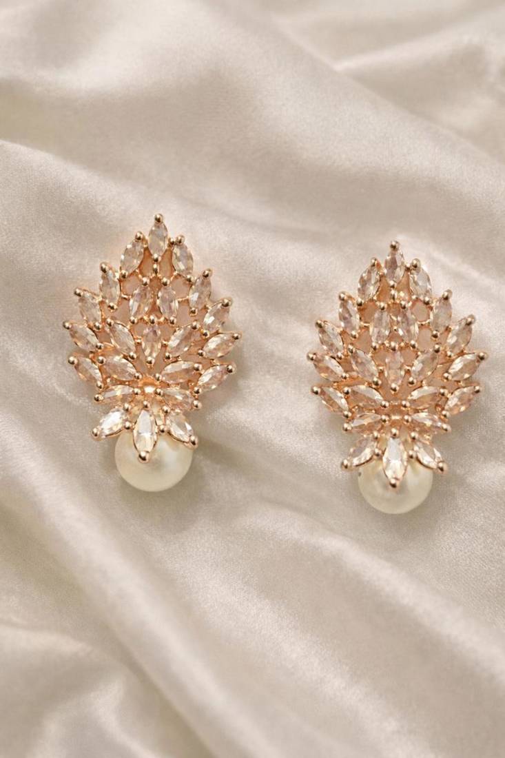 Rose gold crystal cluster earrings with pearl drop, marquise cut stones, stud style
