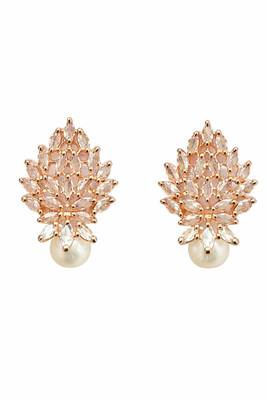 Rose gold crystal cluster earrings with pearl drop, marquise cut stones, stud style 4