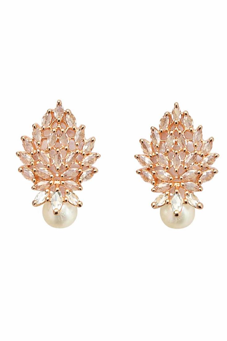 Rose gold crystal cluster earrings with pearl drop, marquise cut stones, stud style