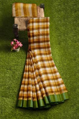 Mustard checked cotton blend saree with green border 3