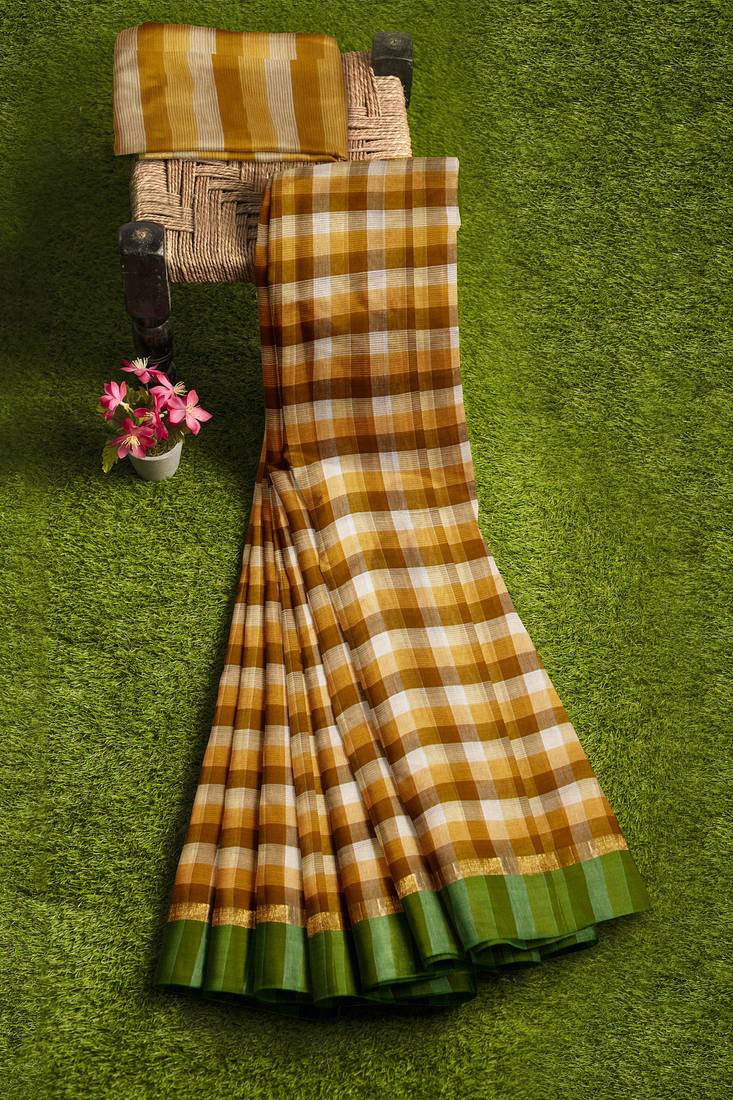 Mustard checked cotton blend saree with green border