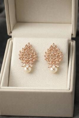 Rose gold crystal cluster earrings with pearl drop, marquise cut stones, stud style 5