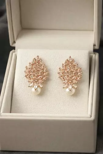 Rose gold crystal cluster earrings with pearl drop, marquise cut stones, stud style