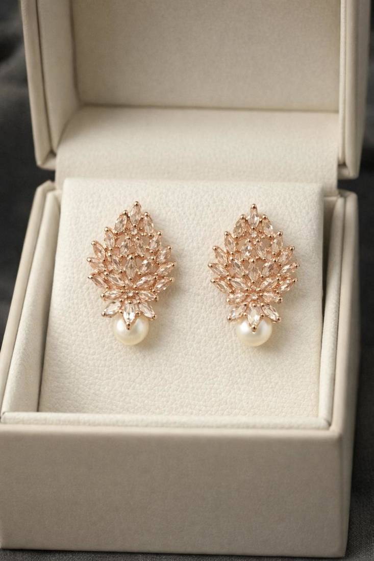 Rose gold crystal cluster earrings with pearl drop, marquise cut stones, stud style