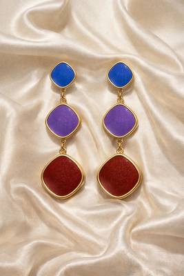 Triple drop dangle earrings, blue purple red stones, gold tone, cushion shape 1