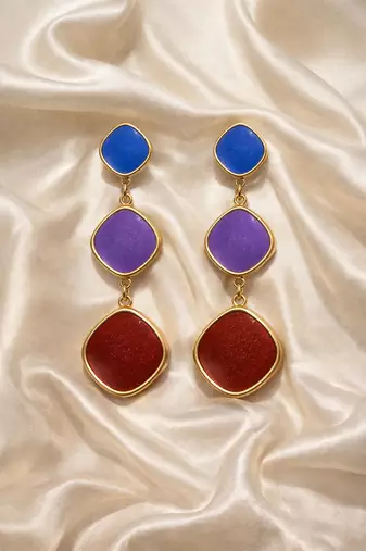 Triple drop dangle earrings, blue purple red stones, gold tone, cushion shape
