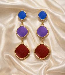 Triple drop dangle earrings, blue purple red stones, gold tone, cushion shape
