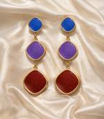 Triple drop dangle earrings, blue purple red stones, gold tone, cushion shape