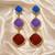 Triple drop dangle earrings, blue purple red stones, gold tone, cushion shape