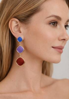Triple drop dangle earrings, blue purple red stones, gold tone, cushion shape 2