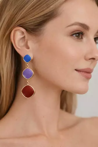Triple drop dangle earrings, blue purple red stones, gold tone, cushion shape