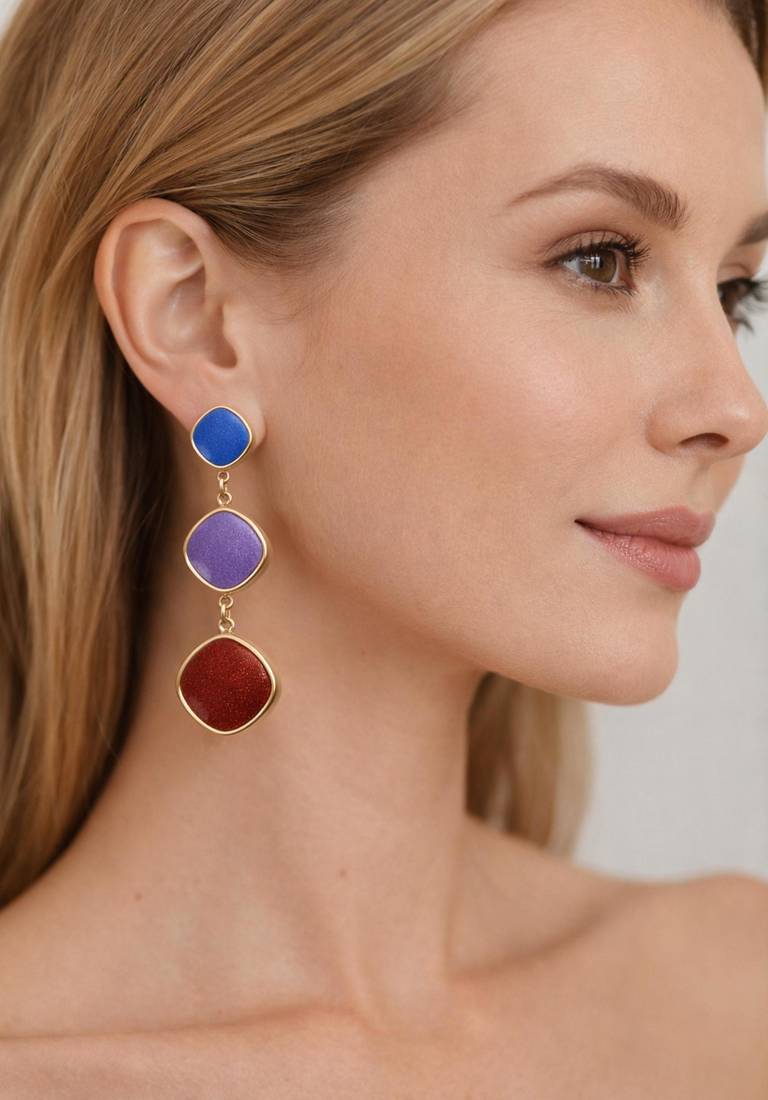 Triple drop dangle earrings, blue purple red stones, gold tone, cushion shape