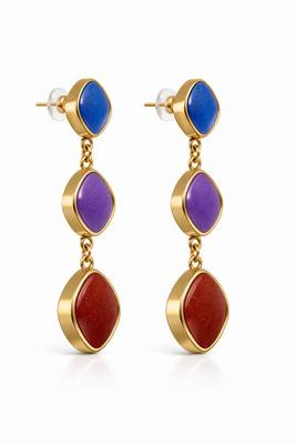 Triple drop dangle earrings, blue purple red stones, gold tone, cushion shape 3