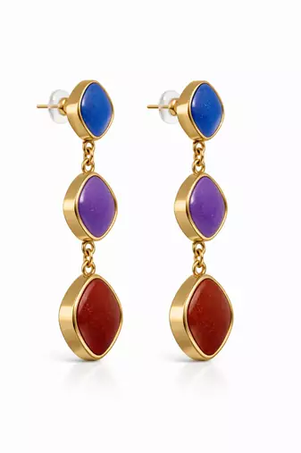 Triple drop dangle earrings, blue purple red stones, gold tone, cushion shape
