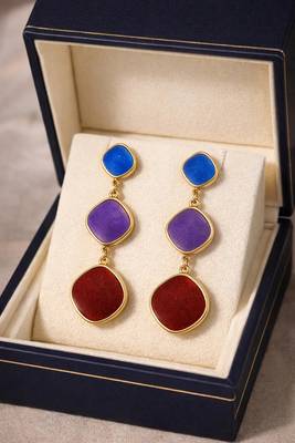 Triple drop dangle earrings, blue purple red stones, gold tone, cushion shape 5