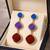 Triple drop dangle earrings, blue purple red stones, gold tone, cushion shape
