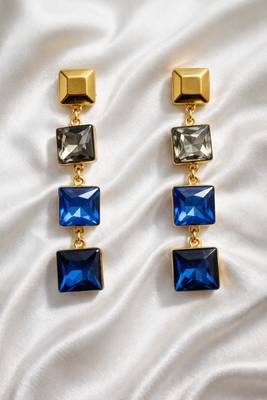 Gold tone square crystal drop earrings, blue and grey stones, dangle style, 4-tier design 1
