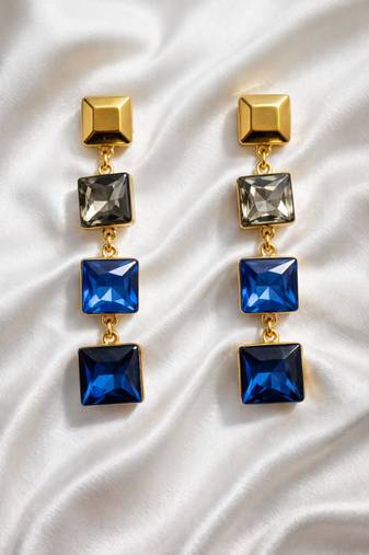 Gold tone square crystal drop earrings, blue and grey stones, dangle style, 4-tier design
