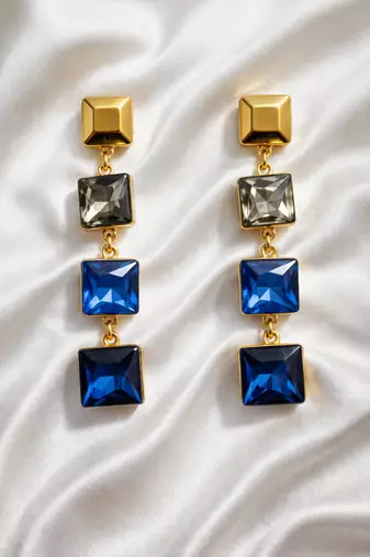 Gold tone square crystal drop earrings, blue and grey stones, dangle style, 4-tier design