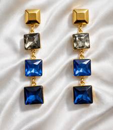 Gold tone square crystal drop earrings, blue and grey stones, dangle style, 4-tier design