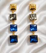 Gold tone square crystal drop earrings, blue and grey stones, dangle style, 4-tier design