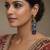 Gold tone square crystal drop earrings, blue and grey stones, dangle style, 4-tier design