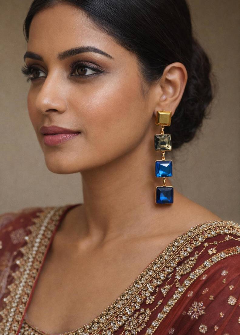 Gold tone square crystal drop earrings, blue and grey stones, dangle style, 4-tier design