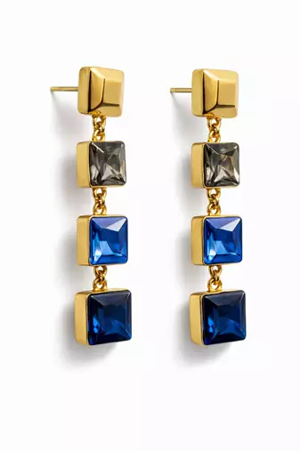 Gold tone square crystal drop earrings, blue and grey stones, dangle style, 4-tier design