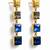 Gold tone square crystal drop earrings, blue and grey stones, dangle style, 4-tier design