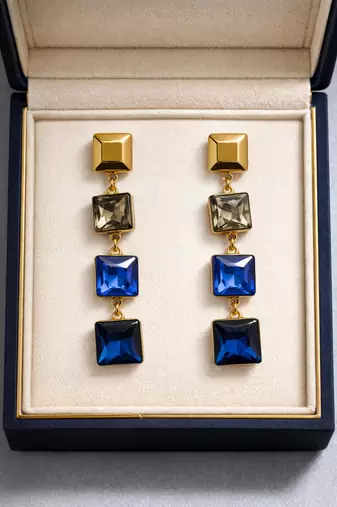 Gold tone square crystal drop earrings, blue and grey stones, dangle style, 4-tier design