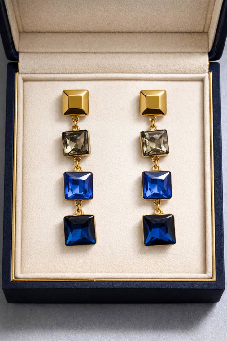 Gold tone square crystal drop earrings, blue and grey stones, dangle style, 4-tier design