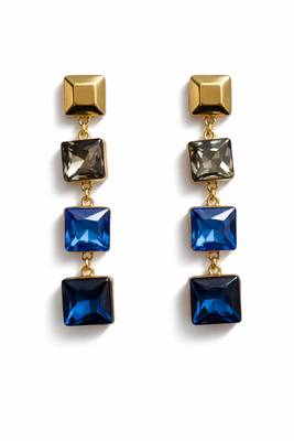 Gold tone square crystal drop earrings, blue and grey stones, dangle style, 4-tier design 5