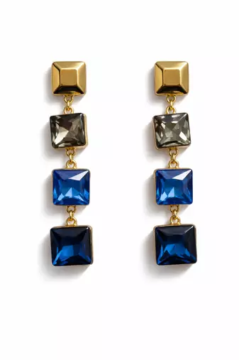 Gold tone square crystal drop earrings, blue and grey stones, dangle style, 4-tier design