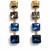 Gold tone square crystal drop earrings, blue and grey stones, dangle style, 4-tier design