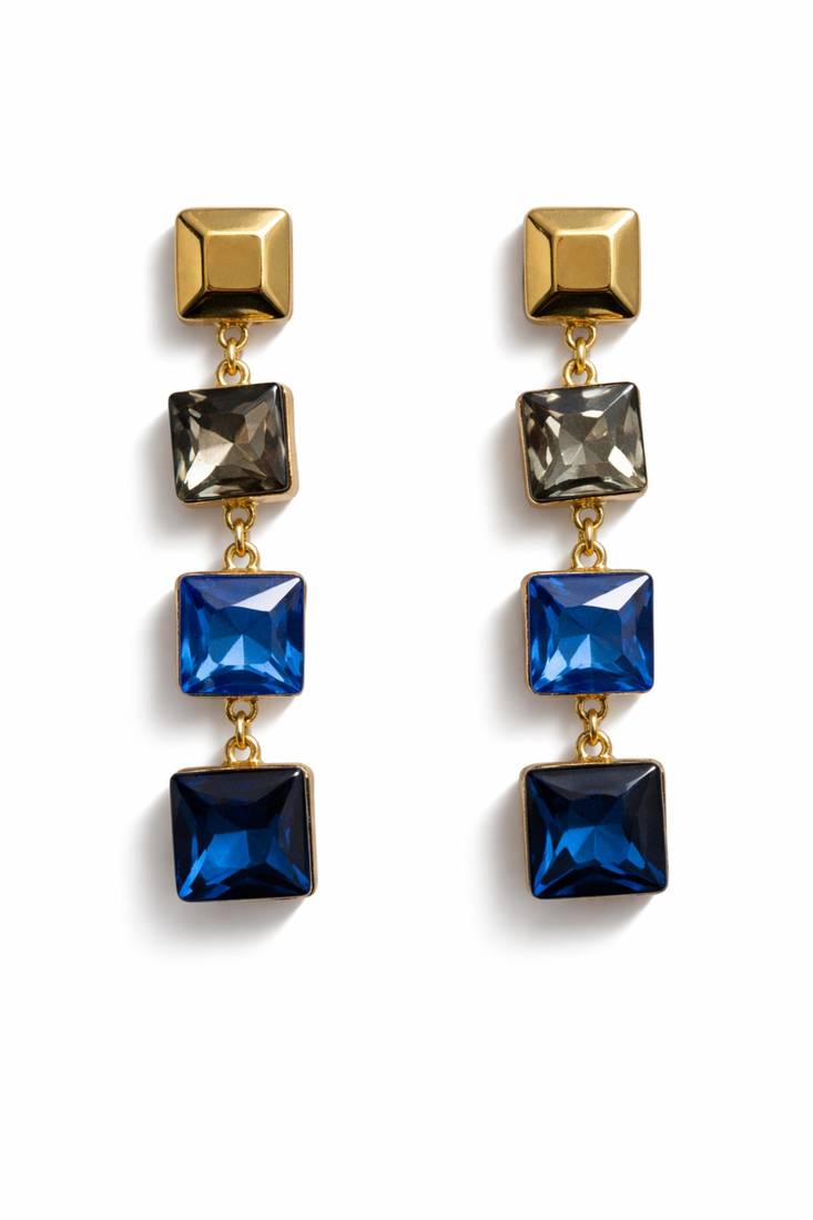 Gold tone square crystal drop earrings, blue and grey stones, dangle style, 4-tier design