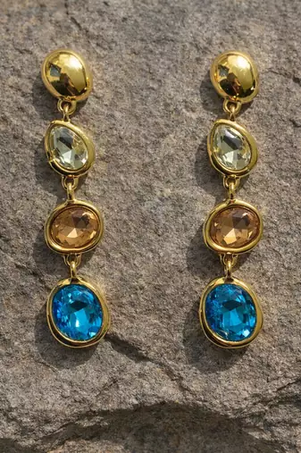 Gold tone drop earrings with multi-color crystal stones, dangle style, blue peach clear gems