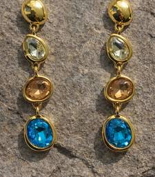 Gold tone drop earrings with multi-color crystal stones, dangle style, blue peach clear gems