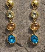 Gold tone drop earrings with multi-color crystal stones, dangle style, blue peach clear gems