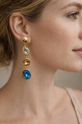Gold tone drop earrings with multi-color crystal stones, dangle style, blue peach clear gems 2