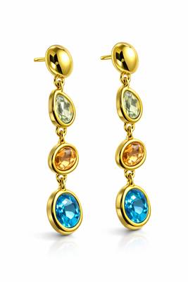 Gold tone drop earrings with multi-color crystal stones, dangle style, blue peach clear gems 3