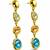 Gold tone drop earrings with multi-color crystal stones, dangle style, blue peach clear gems